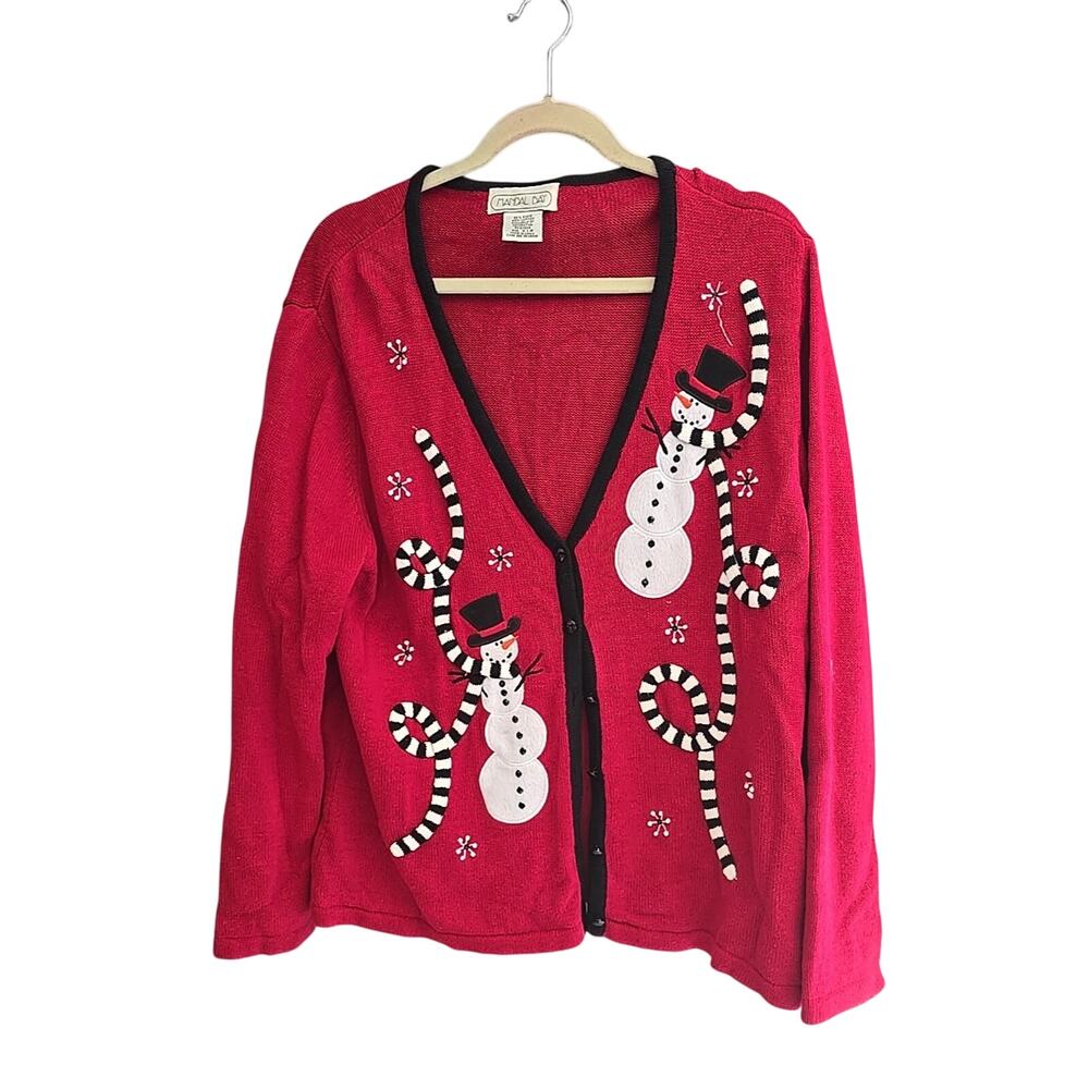 Mandal Bay Red Snowman Christmas Beaded Knit Cardigan‎ Sweater Womans Size XL